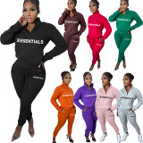Autumn/Winter Fleece Printed Letter Pullover Zipper High Neck Casual Sports Two Pieces