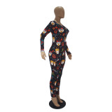 Casual Christmas Printed Long Sleeve Trousers Homewear Jumpsuit