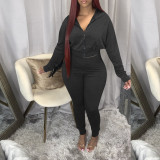 Solid Color Zipper Hooded Track Pants Set with Fringed