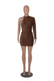 Autumn One Sleeve Ruched Sexy Bodycon Shiny Mini Dress Wholesale