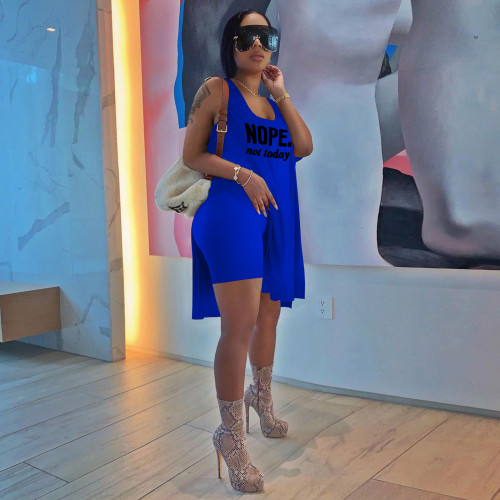 Summer Royal Blue Printed Loose Sleeveless Long Vest Top Shorts Set