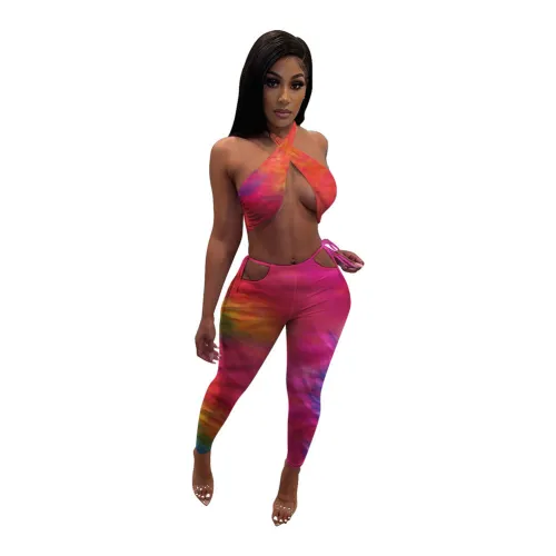 Sleeveless Tie-dye Printing Halter Sexy Top and Trousers