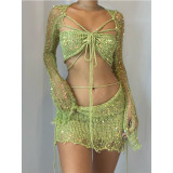 Sequins Knitted Sweater Hollow Out Long Sleeve Shawl Crop Top And Bodycon Skirt Three Piece Set