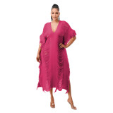 Solid Color Manual Knitted Sheer Fringed Dress