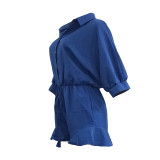 Solid Color Blue Convertible Collar Ruffled Short Romper