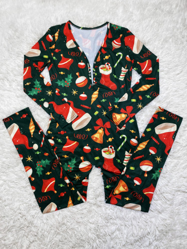 Casual Christmas Printed Long Sleeve Trousers Homewear Jumpsuit