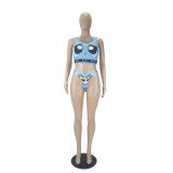 Sexy Gradient Graphic Print Vest Shorts Bikini Three Piece Set