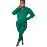 Autumn Winter Zipper High Neck Printed Sweatshirt Casual 2 Piece Pant Set