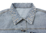 Color Block Short Beaded Denim Jacket