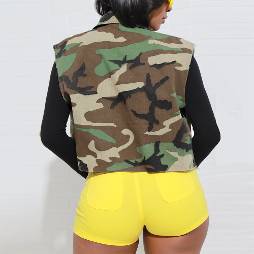 Casual Camouflage Print Cropped Sleeveless Vest Waistcoat