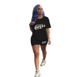 Casual Solid Color Graphic Print Short Sleeve Shorts 2 Piece Set