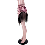 Street Style Camouflage Irregular Mesh Plaid Bandage Skirt Women