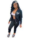 Solid Color Offset Printed Letter Zipper Sports Two Piece Pant Set