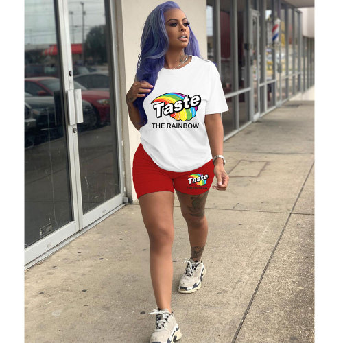 Women Tracksuits Outfit Casual Solid Color Graphic Print Short Sleeve Shorts Two-Piece Set