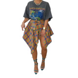 Summer Printed Preppy Style High Waist Plaid Belted Midi Asymmetrical Skirts