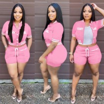 Casual Pink Embroidered Letter Pocket Baseball Jersey set Single-breasted Tracksuit Shorts Two Pieces