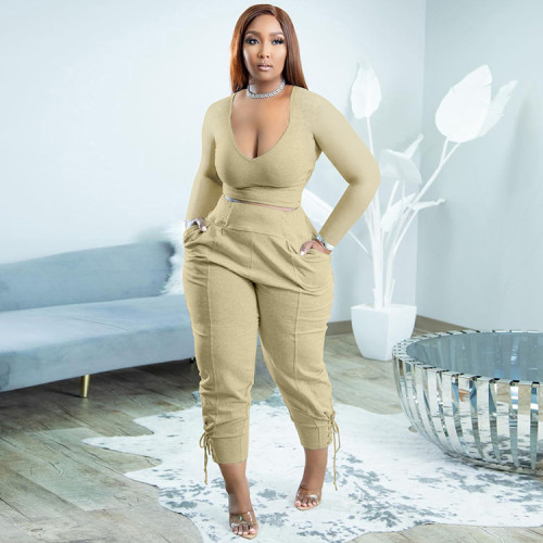 Apricot Casual Solid Bandage Patchwork V Neck Plus Size Two Pieces Pant Set