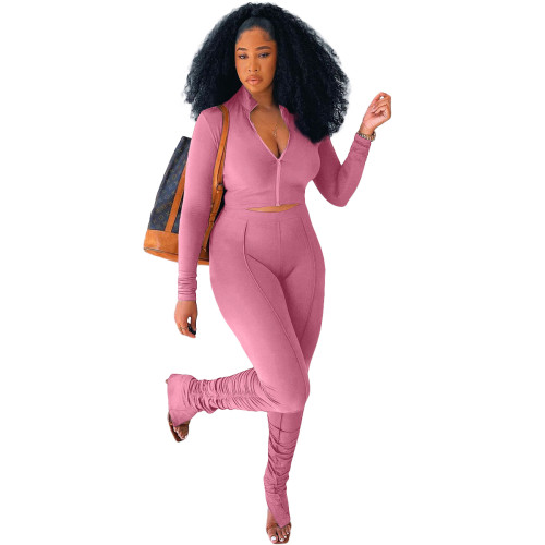 Solid Color Pink Long Sleeve Sets Stacked Sweat Suits Women Pleated 2 Piece Set Clothing