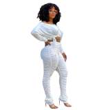Ladies White Stacked Two Piece Set Drawstring Crop Top and Pleated Trousers
