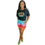 Casual Digital Print Short Sleeve Shorts Set