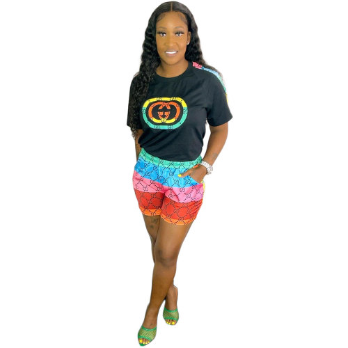 Casual Digital Print Short Sleeve Shorts Set