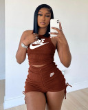 Brown Ladies Pyrography Shirring Tank Top Shorts Casual Two Piece Set