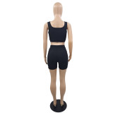 Solid Color Casual Black Sleeveless Women's Clothing Pit Lace Up Two Piece Shorts Set