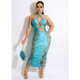 Women Summer 2022 Bandage Dress Halter Slit Lace Up Bodycon Evening Club Party Ruched Long Dress