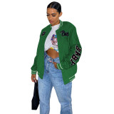 Autumn Women Green Printed Baseball Crop Jacket