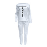 Winter Casual White Thickened Print Pant Set