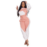 Women's Splicing Contrasting Color High Collar Sweatshirt Hooded Pant Set