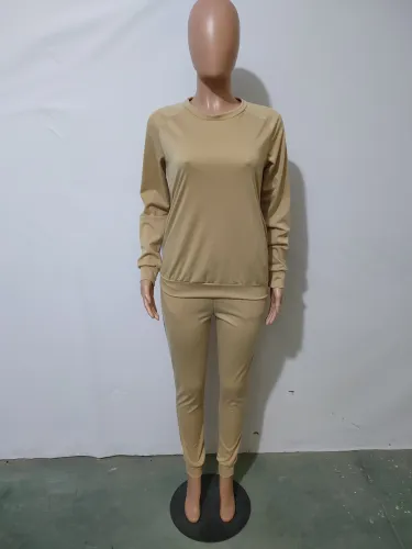 Solid Color Khaki Pullover Sweatshirt Pant Set