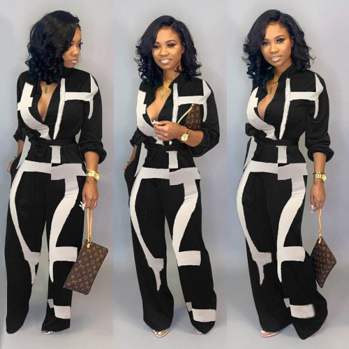 Casual Print Cardigan Jumpsuit