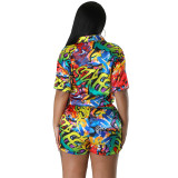 Casual Imitation Silk Printed Shirt Trousers Two Piece With Pockets