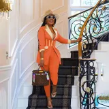 Solid Color Turndown Collar Colorblock Long Sleeve Pant Set