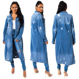 Denim Plus Size Distressed Turndown Collar Jacket Coat