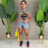Casual Grey Cool Racing Print Bandage Hollowed Out Split Joint O Neck T-Shirts