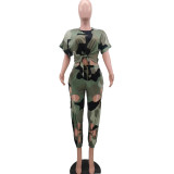 Plus Size Pierced Camouflage Print Two Piece Sets