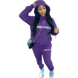Casual Letter Pyrography Velvet Drawstring Kangaroo Pocket Hoodie & Pants Set