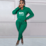 Casual Fleece Printed Letter High Neck Zipper Matching 2 Piece Jogger Sets For Women