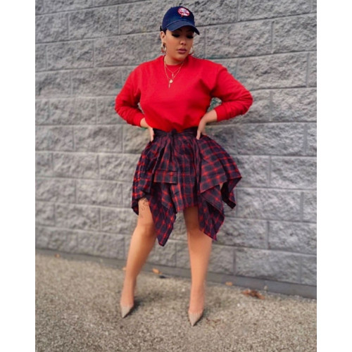 Summer Printed Preppy Style High Waist Plaid Belted Midi Asymmetrical Skirts