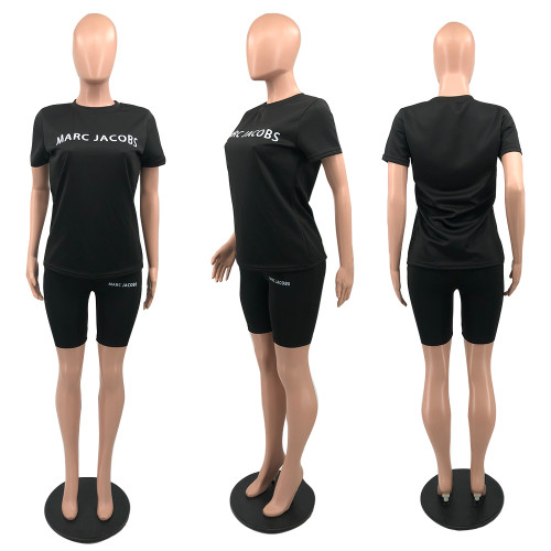 Casual High Elasticity Fashion Pyrography Letter Short Sleeve Shorts Set