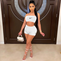 Solid Color White Embroidered Sleeveless Wrapped Vest Top Two-piece Short Set