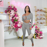 Autumn Rib Hollow Out Sexy Crop Top Two Piece Set