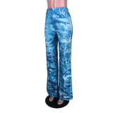 Sexy Faux Denim Print Slit Wide-leg Trousers