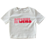 White Stretch Thread Alphabet Print Cropped T-shirt