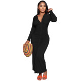 Solid Color V Neck Ruched Maxi Dress