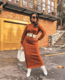 Solid Color Sweater Women High Neck Knit Long Dress without Belt