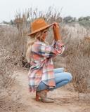 Casual Ladies Lapel Loose Plaid Mid Length Blouse