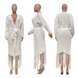 Tassel Trim Open Front Chunky Knit Longline Cardigan